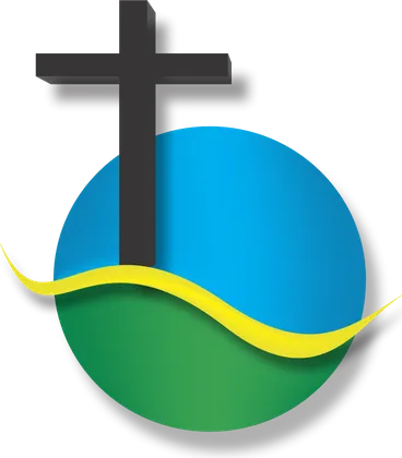 Emblema de la Iglesia de Tunja: una cruz sobre una esfera azul y verde con una cinta dorada